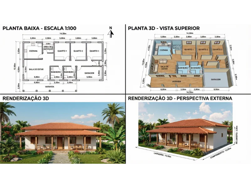 Projeto completo com planta, 3D e fachada