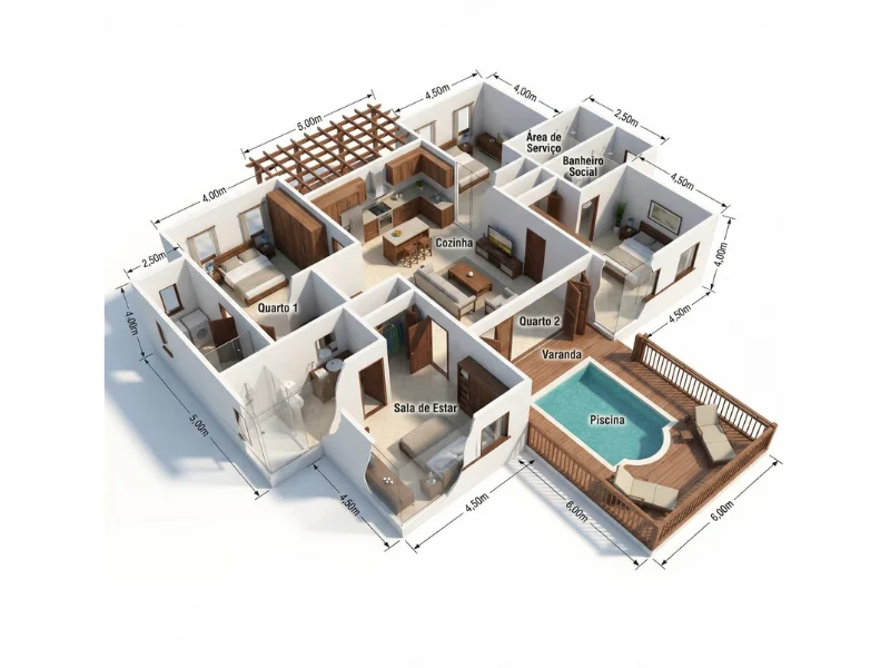 Render 3D com planta e piscina
